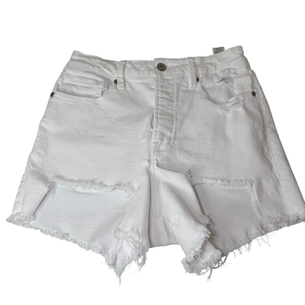 Good American White Distressed Denim Shorts | Size 8 / 29 | High Rise Raw Hem